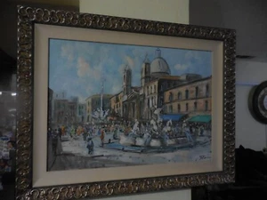 Pintura artística impresionista paisaje urbano escena callejera europea vintage al óleo sobre lienzo - Imagen 1 de 23