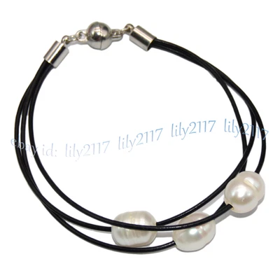 Brazalete de cordón de cuero negro perla de agua dulce multicolor de 3 hilos de 10-12 mm 8 pulgadas Foto 1 de 4