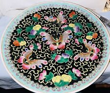 Antique Famille rose Noir porcelain large platter charger 14” Signed Stunning!