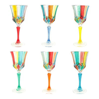 Set of Six 6 Murano Wine Glasses Multi Colour Red Green Stem Hand Painted Venice - Image 1 of 4
