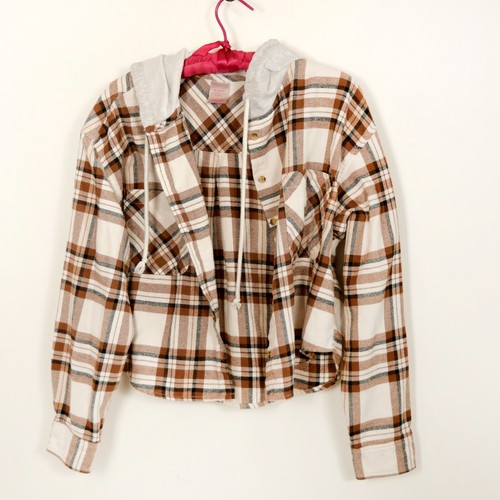 OFF WHITE Plaid donna XL casual cropped marrone crema con cappuccio grigio con coulisse
