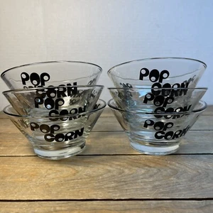 Vintage Wheaton Glass Popcorn Bowls 6 Piece Set 1970s Black Letters Clear Glass - Picture 1 of 14
