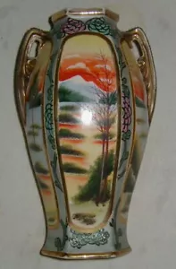 VINTAGE HAND PAINTED JAPANESE POTTERY VASE w PANELED LANDSCAPE, MORIAGE, 12.5 IN - Picture 1 of 5