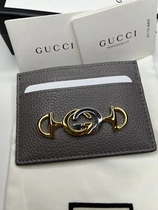 GUCCI Wallet CARD CASE ZUMI Logo GRAY Grain LEATHER MINI WALLET - Picture 1 of 5