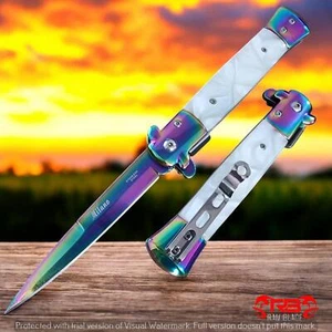 9" Tactical Rainbow Marble White Spring Assisted Open Blade Folding Pocket Knife - Picture 1 of 6