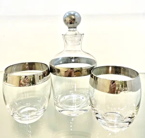 Silver Band Whiskey Decanter 32 oz, Stopper, 2 Roly Poly Glasses Set MCM Mad Men - Picture 1 of 10