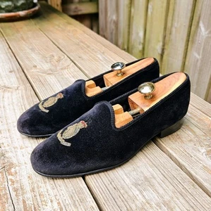 Vintage Polo Ralph Lauren Velvet Crest Loafers Black Size 10 D Made In England - Picture 1 of 16