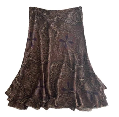 Falda Midi En Capas De Colección Lauren Ralph Lauren Talla XL Marrón Paisley Seda LEER Defecto Foto 1 de 4