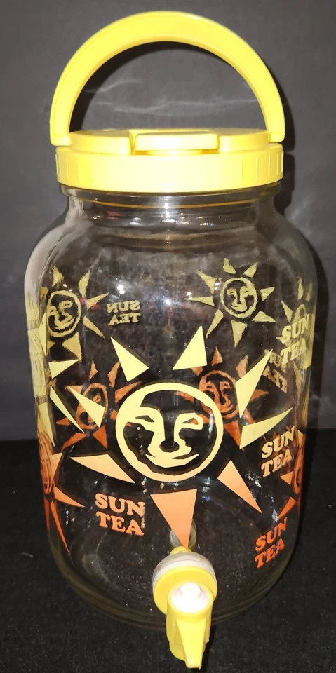 Tarro de vidrio vintage Sun Tea años 70 80 retro verano amarillo y rojo, 1 galón con boquilla Foto 1 de 4