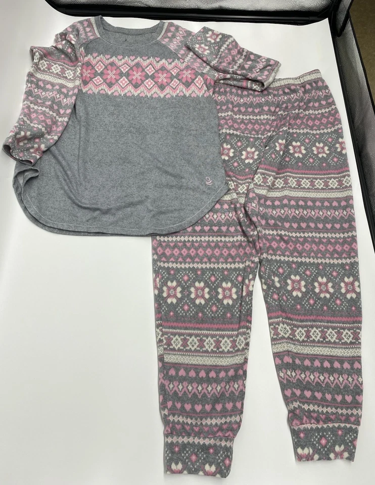 Pijama Feminino de Lã Cuddl Duds Cinza/Rosa Corações Design Geométrico Super Macio M - Imagem 1 de 4