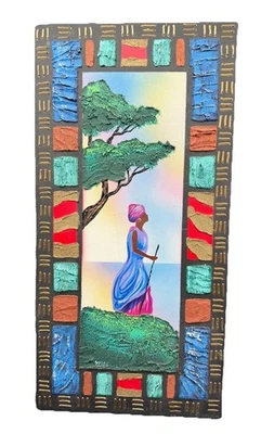 Oil Painting Wall Art African Woman Signed By Artist Multi Colors Trees Vintage - Image 1 of 4