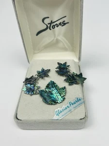 Storrs Glacier Pearl Abalone Shell  Leaf Pin Brooch and dangle earrings Original - Picture 1 of 12
