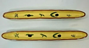 Olive Boats Serving Trays 2 BLOCK BASICS Oblong Dish Stoneware Hand Painted   - Picture 1 of 6