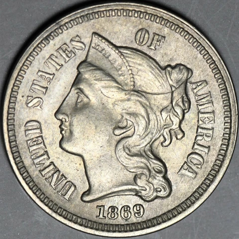 1869 Three Cent Nickel, high grade uncirculated with a repunched date Cover