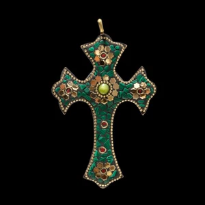MALACHITE, ONYX & RED CORAL GEMSTONE TIBATAN HANDMADE BOHO CROSS PENDANT 4.4'' - Picture 1 of 1