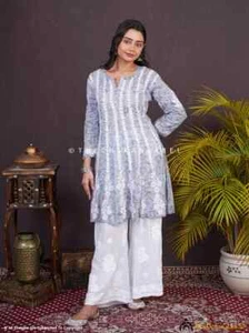Grey Mulmul Chikankari Short Anarkali Lucknow Chikankari Handmade Tunic Top - Picture 1 of 5
