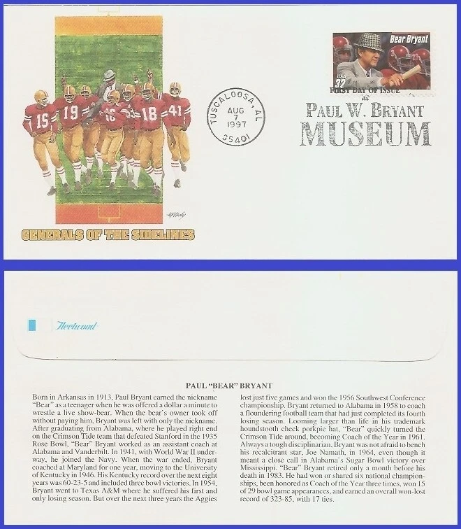 USA5 #3148 U/A FLEETWOOD FDC   Paul Bear Bryant with red bar - Image 1 of 1