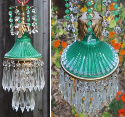 1 Vintage Green Lady cupcake glass Brass SWAG lamp chandelier crystal bead leaf - Image 1 of 4