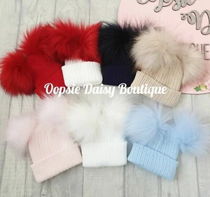 Baby Knitted Pom Pom Hat Size Newborn Double Pom 💗💙 - Picture 1 of 2