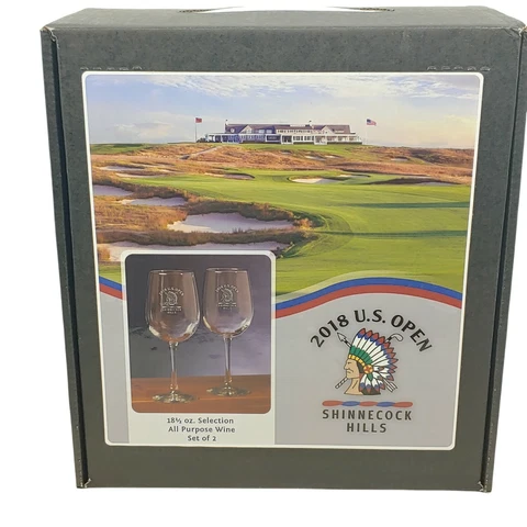 US Open 2018 Shinnecock Hills Wine Glass Pair 18.5 Oz NIB Cover