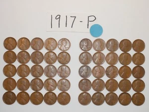 Rollo de centavos 1917-P fecha sólida = 50 centavos de trigo Lincoln (8+ artículos se envían gratis) - Imagen 1 de 6