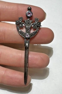 Vintage Sterling Silver Sword Celtic Purple Amethyst Marcasites 6.7g Brooch PC5 - Picture 1 of 9