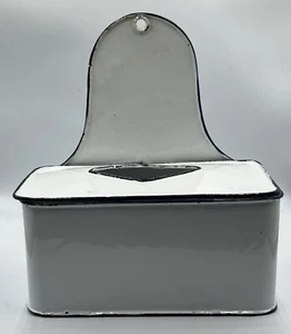 Vintage französische Emaille Allumette Box weiße Emaille mit blauem Rand - Bild 1 von 9