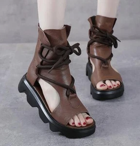 Moda Para mujeres Sandalias de Verano Planas Suaves con Cordones Punta Abierta Cuero Zapatos Retro - Imagen 1 de 10