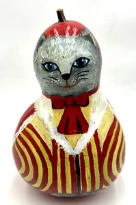 Hand Painted Gourd Folk Art Cat Grey Red Yellow Stripes Figure - Picture 1 of 10