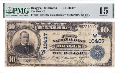$10 1902 PB National BRAGGS Oklahoma OK 🇺🇸 PMG 15 Choice Fine! 🇺🇸 - Image 1 of 2