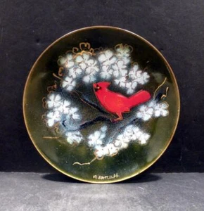 Studio Copper Enamel Plate With Cardinal, M. Ratcliff - 5 3/4" - MINT - Picture 1 of 4