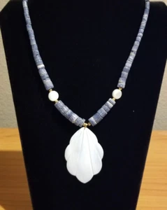 Vintage Chunky Genuine Blue Denim Coral and Carved MOP Pendant Necklace** - Picture 1 of 5