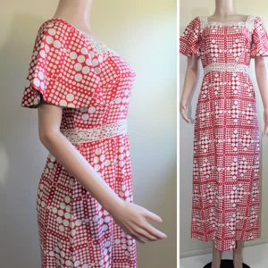 Vintage 1970s Maxi Prom Dress M A Line Red White Polka Dot SS Puritan Juniors - Picture 1 of 14