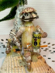Vintage 80s 90s Seashell Tourist Art Island Frog Fisherman Drinking Coors Beer - Picture 1 of 5