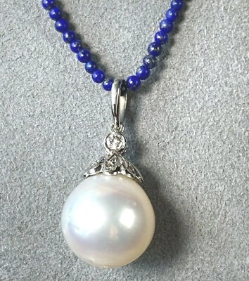 Vintage Diamond South Sea Pearl Pendant Necklace Lapis Lazuli Estate Fine Jewelr - Image 1 of 4