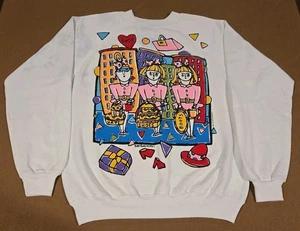 Vintage 90s Hanes 50/50 White Raglan Sweatshirt Size L Made in USA Colorful Shop - Picture 1 of 13