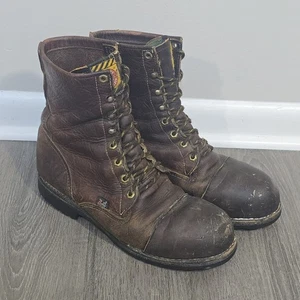 VTG USA Made Justin Steel Toe Brown Leather Lace Up Work Boots Thrashed Mens 10D - Picture 1 of 18