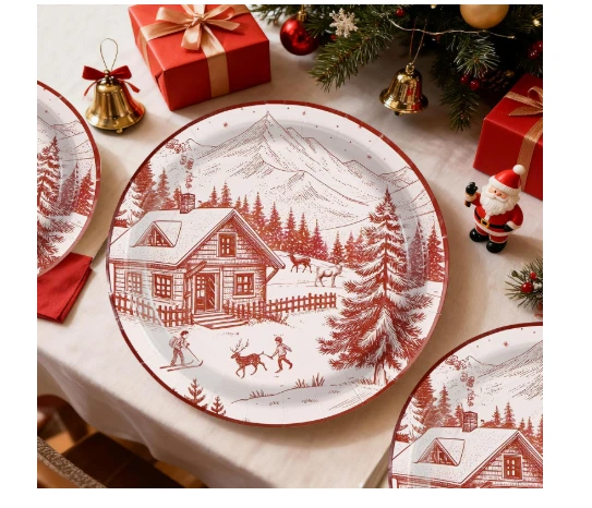 50 Piezas Platos de Papel de Navidad 10", Rojo Toile Vintage Winter Village Resistente Foto 1 de 4