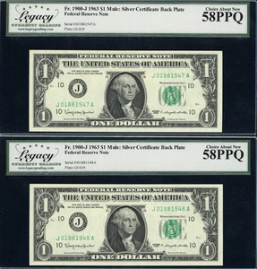 Fr. 1900-Jm (JA Block) 1963 $1 Kansas City Mule Sequential Serial Legacy AU58  - Picture 1 of 2