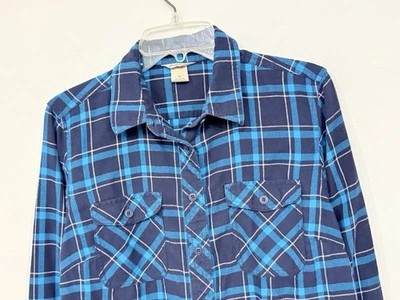 Camisa feminina de flanela Duluth Trading tamanho médio xadrez azul algodão/poliéster - Imagem 1 de 4
