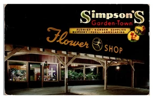 PASADENA CALIFORNIA - SIMPSONS GARDEN TOWN FLOWER SHOP AT NIGHT VINTAGE POSTCARD - Picture 1 of 2