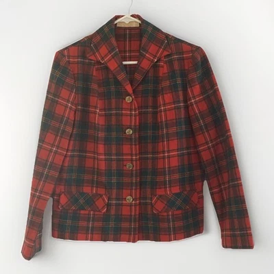 PENDLETON Shirt Jacket Shacket Womans 14 Wool Red Green Plaid Crest Button VTG - Image 1 of 3