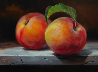 PINTURA AL ÓLEO ORIGINAL. Dulces jugosos melocotones. artista Vladislav Shurganov Foto 1 de 2
