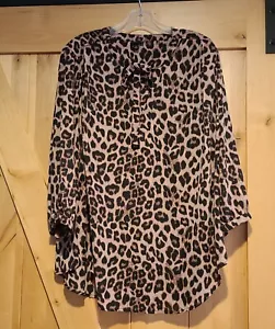 Torrid Plus Sz 2X Boho Leopard Animal Print Tie Neck Popover 3/4 Sleeves Blouse - Picture 1 of 12