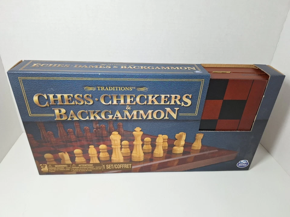 Traditions 3 in 1 Wooden Board Games Chess, Checkers and Backgammon Spinmaster - Image 1 of 4