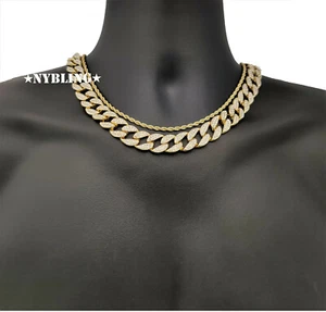COMBO Miami Cuban Choker Chain Necklace & Rope Chain Plated CZ Hip Hop Jewelry - Picture 1 of 10