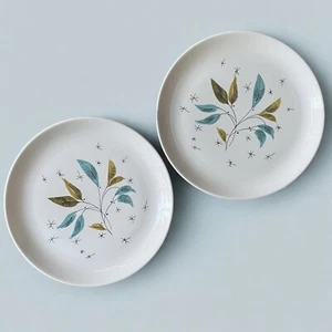 VTG Salem Daybreak Freeform Dinner Plates 10” Turquoise Leaves Atomic Vogue MCM - Picture 1 of 3