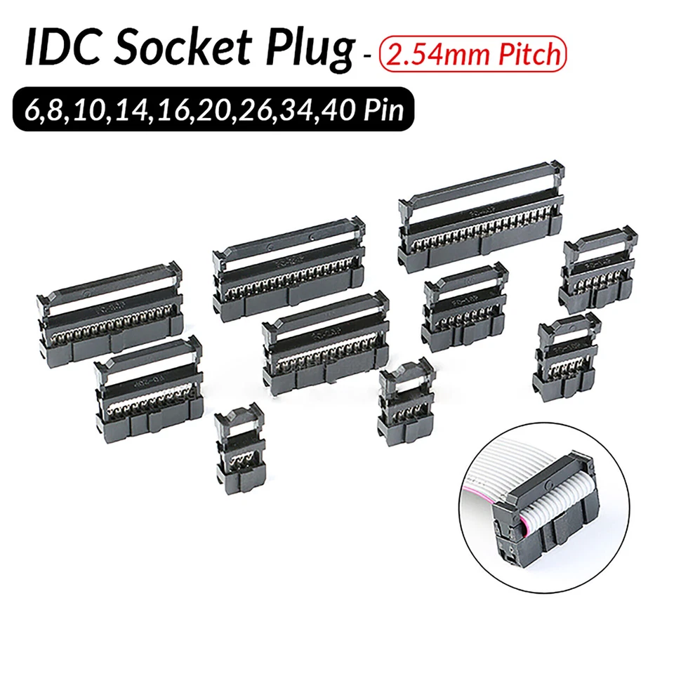 IDC Socket Plug Ribbon Cable Connector-6,8，10,14,16,20,26,34,40 Way-2.54mm Pitch - Image 1 of 4