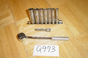 S-K TOOLS VINTAGE 9 PIECE 1/4 DRIVE 6 INCH RATCHET & SAE. DEEP SOCKET SET & EXT. - Picture 1 of 12
