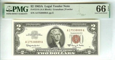 1963-A,  888 No  $2  A17538889A  PMG MS-66   RED SEAL  AA BLOCK - Image 1 of 3